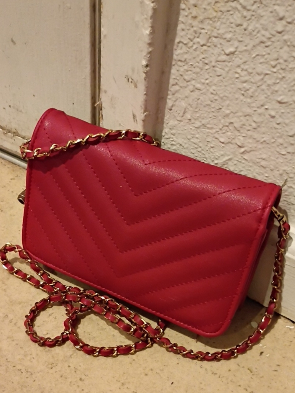 Red Quilted Crossbody Bag with Gold Chain Strap